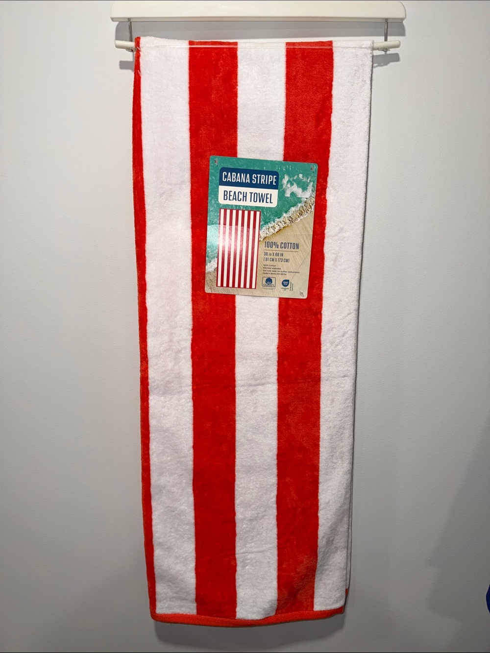 Coral Red White Cabana Stripe Large Cotton Beach Towel